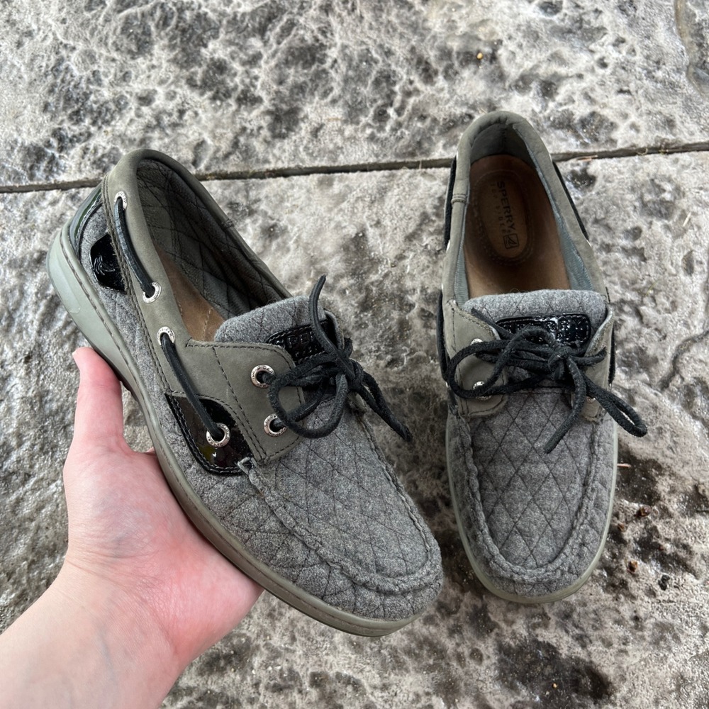 Sperry Top-Sider Women Grey Quilted Boat Shoes Patent Leather Loafers 9849100 7M